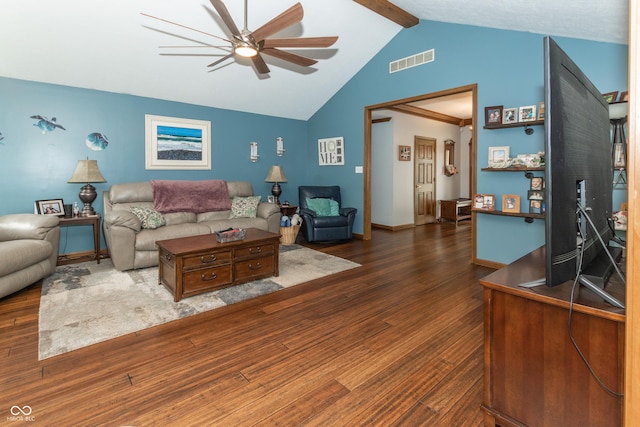 living room with dark hardwood / wood-style floors, lofted ceiling with beams, and ceiling fan