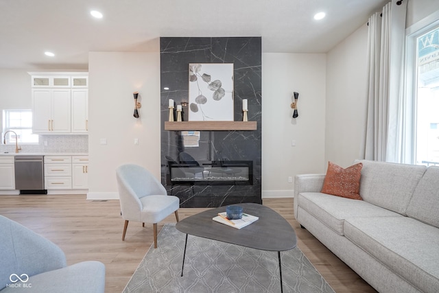 living room with sink, a fireplace, and light hardwood / wood-style floors