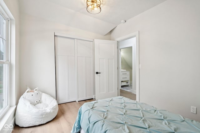 560 Jefferson Ave, Indianapolis, IN 46201 - bedroom with light wood-type flooring, vaulted ceiling, and a closet