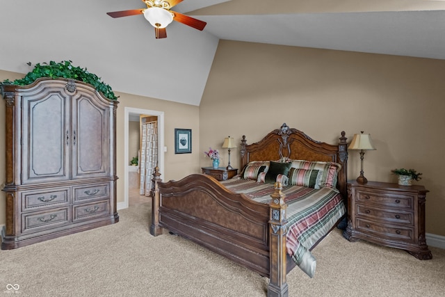 carpeted bedroom featuring ceiling fan and lofted ceiling