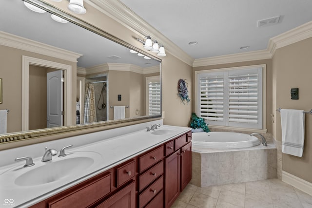 bathroom with tile patterned floors, vanity, plus walk in shower, and ornamental molding