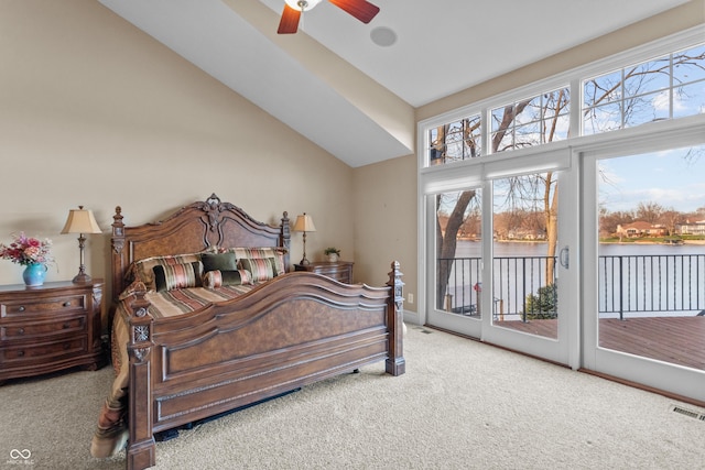 bedroom featuring carpet flooring, ceiling fan, access to exterior, and high vaulted ceiling