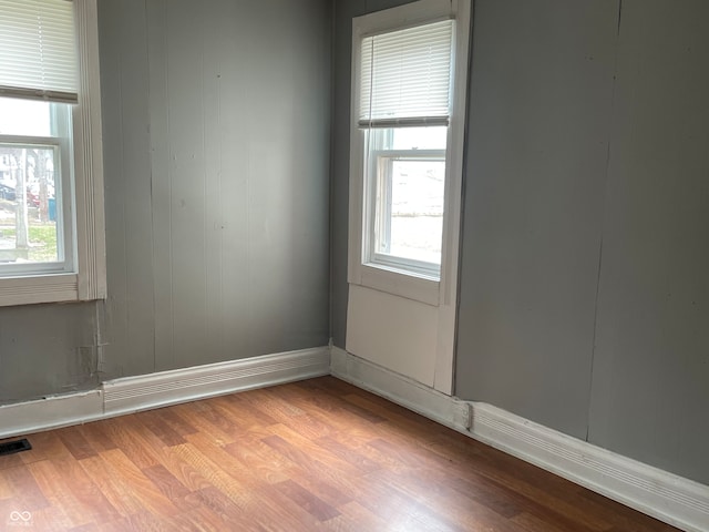 empty room featuring wood walls, a healthy amount of sunlight, and light wood-type flooring