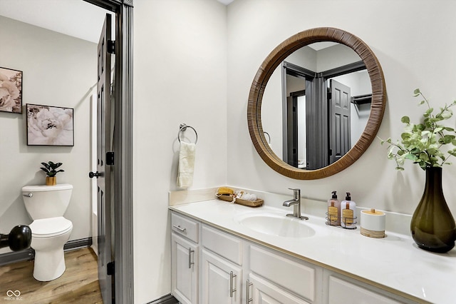 bathroom featuring vanity, wood-type flooring, and toilet