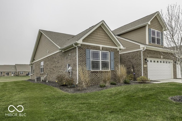 view of side of home featuring central air condition unit, a lawn, and a garage