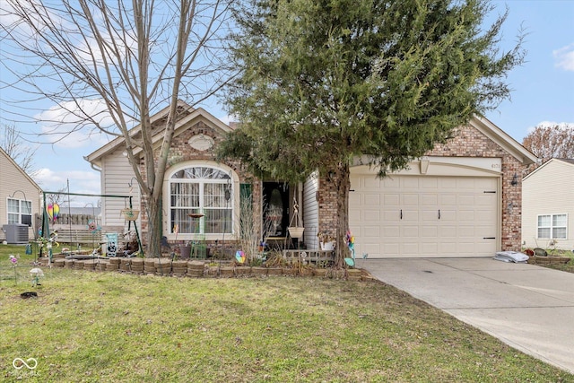 view of front facade featuring central AC unit, a front yard, and a garage