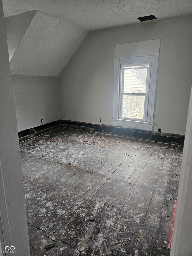 additional living space with a textured ceiling and lofted ceiling