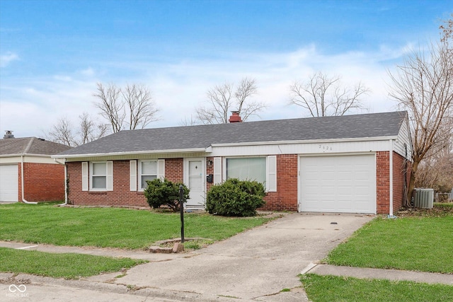 ranch-style home featuring central air condition unit and a front lawn