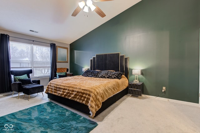 bedroom featuring carpet flooring, ceiling fan, and high vaulted ceiling