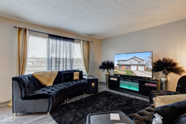 living room with hardwood / wood-style flooring and a textured ceiling