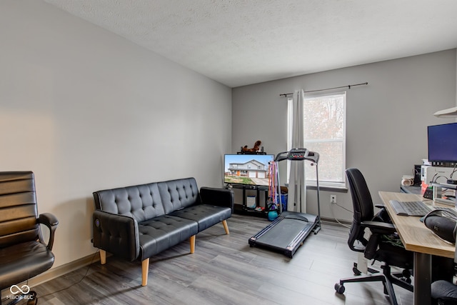 office featuring a textured ceiling and light hardwood / wood-style flooring