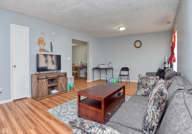 living room with hardwood / wood-style floors and a textured ceiling