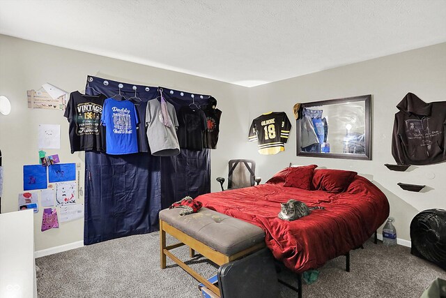 bedroom with carpet floors and a textured ceiling