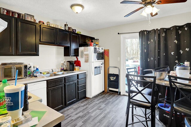 kitchen with white appliances, sink, light wood-type flooring, a textured ceiling, and dark brown cabinets