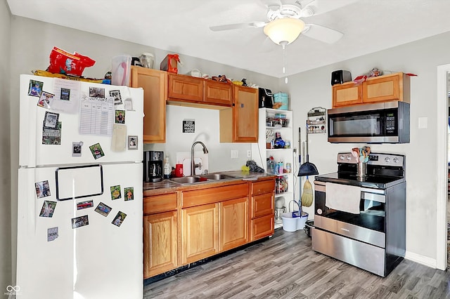 kitchen featuring ceiling fan, sink, light wood-type flooring, and appliances with stainless steel finishes