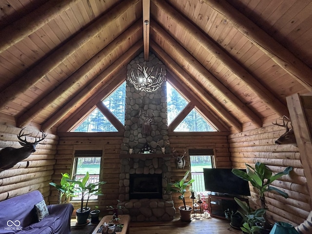 9695 S Houston Rd, Freetown, IN 47235 - living area with wooden ceiling, rustic walls, hardwood / wood-style flooring, and a stone fireplace