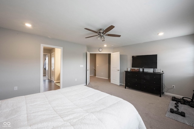 bedroom featuring ceiling fan and carpet floors