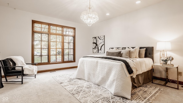 bedroom featuring visible vents, baseboards, a chandelier, carpet flooring, and recessed lighting