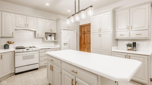 kitchen with decorative backsplash, white appliances, light tile patterned flooring, and recessed lighting