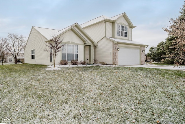 front facade with a front yard and a garage