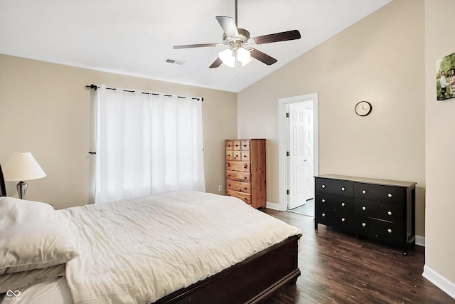 bedroom featuring lofted ceiling, ceiling fan, and dark wood-type flooring