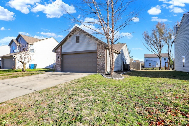 view of property exterior with a lawn, central AC, and a garage