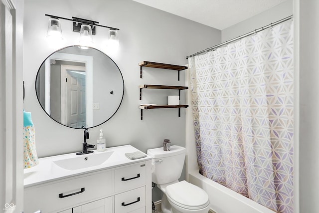 full bathroom featuring shower / bath combination with curtain, vanity, and toilet