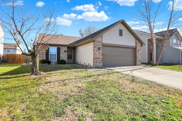 single story home featuring a front yard and a garage