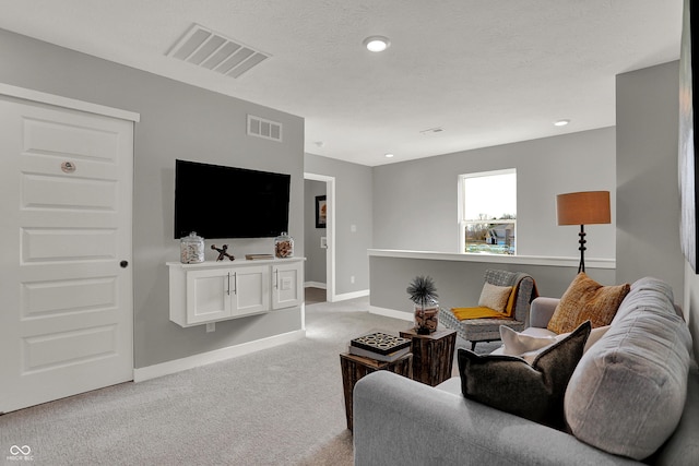 carpeted living room with a textured ceiling