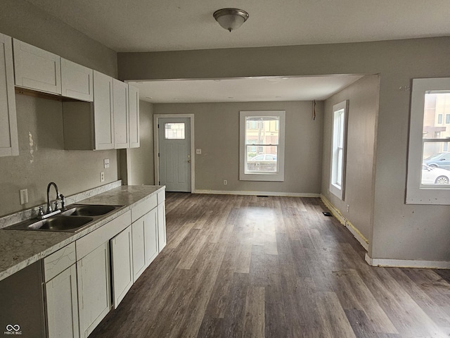 kitchen with hardwood / wood-style floors, white cabinets, and sink