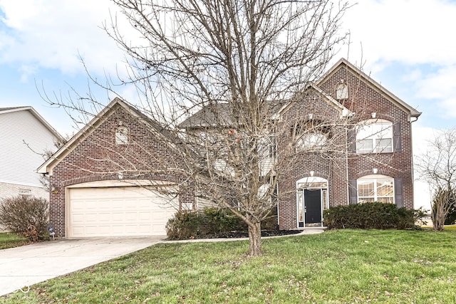 view of property with a front yard and a garage