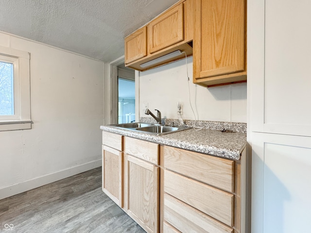 kitchen featuring light hardwood / wood-style floors, sink, a textured ceiling, and light brown cabinets