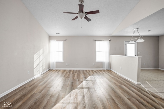 empty room featuring plenty of natural light, light wood-type flooring, and a textured ceiling