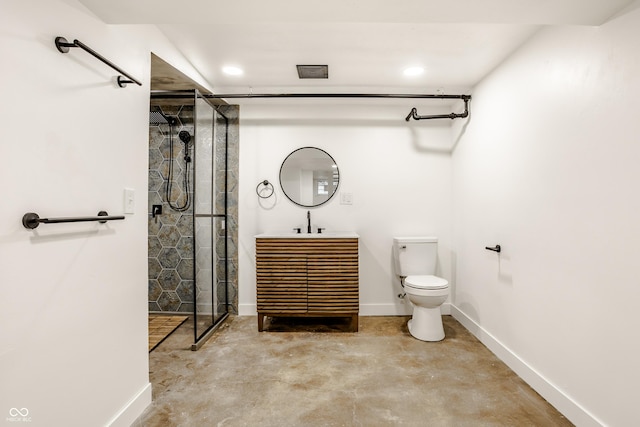 bathroom featuring vanity, concrete flooring, an enclosed shower, and toilet