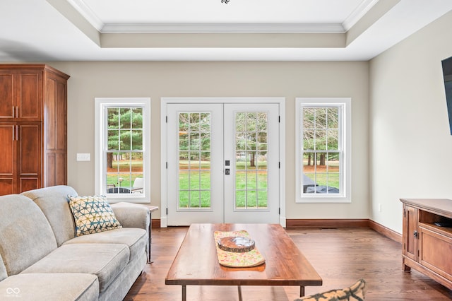 living room with dark hardwood / wood-style floors, ornamental molding, a wealth of natural light, and a tray ceiling