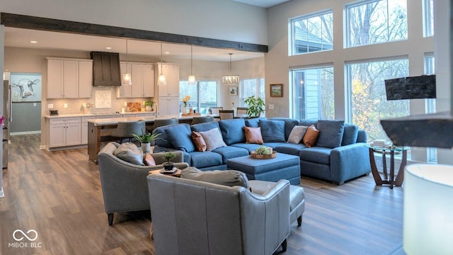 living room featuring a notable chandelier and dark hardwood / wood-style floors