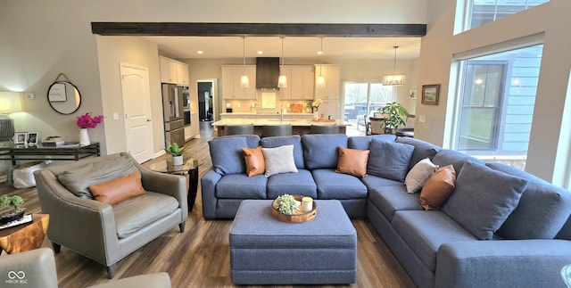 living room with dark hardwood / wood-style flooring and sink