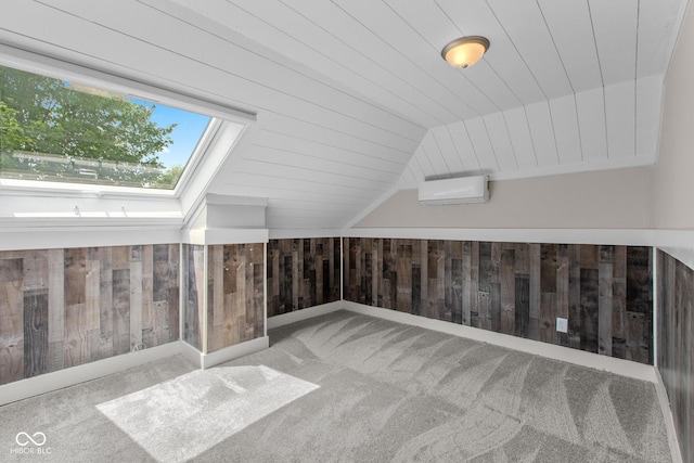 10346 Strongbow Rd, Fishers, IN 46040 - bonus room featuring vaulted ceiling, wood walls, carpet, a wall mounted AC, and wooden ceiling