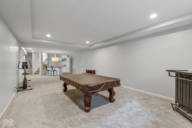 10346 Strongbow Rd, Fishers, IN 46040 - playroom with recessed lighting, carpet floors, pool table, and a raised ceiling
