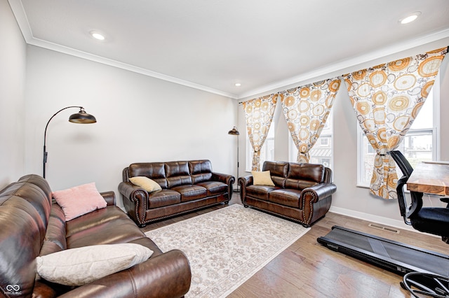 living room featuring light hardwood / wood-style floors and ornamental molding