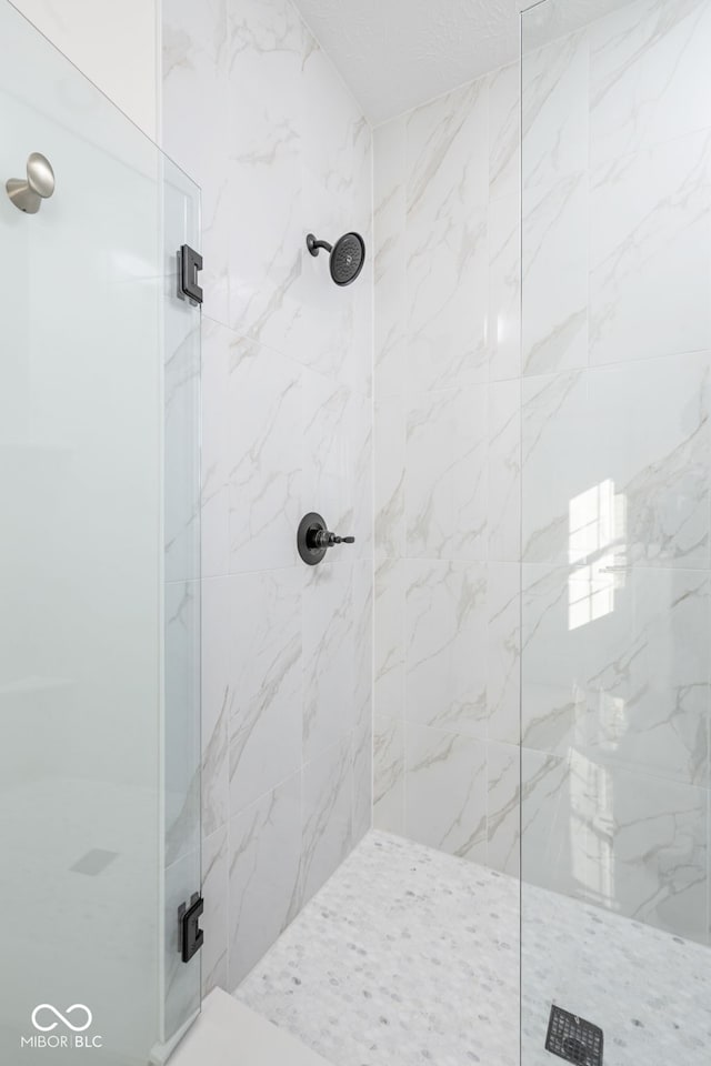 bathroom with a shower with shower door