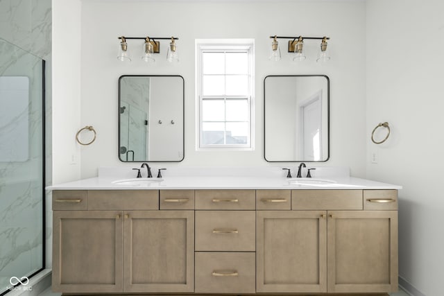 bathroom with vanity and walk in shower