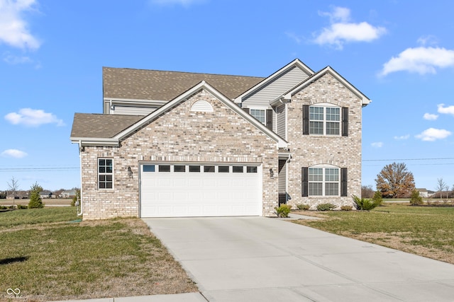 view of front of home with a front lawn and a garage