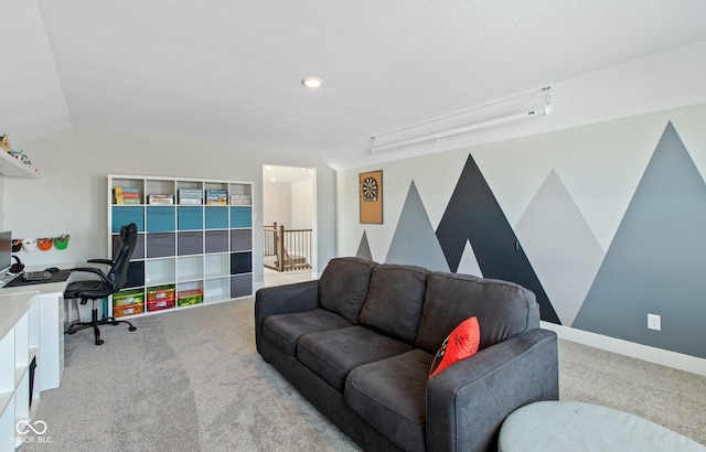 carpeted living room featuring vaulted ceiling