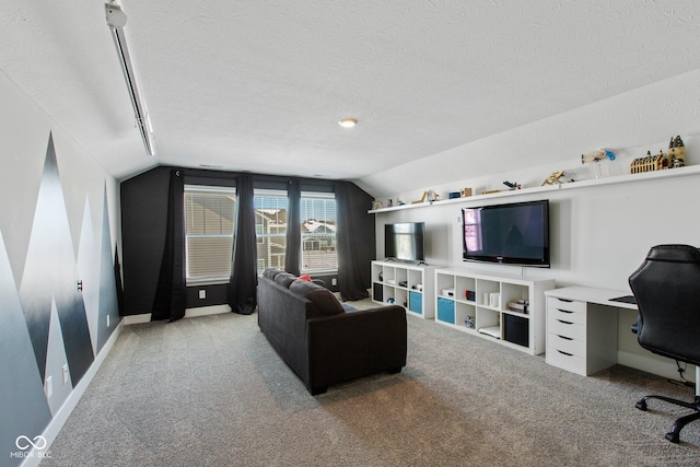 living room featuring carpet, a textured ceiling, and vaulted ceiling