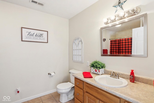 bathroom with tile patterned flooring, vanity, a shower with shower curtain, and toilet