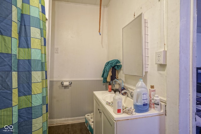 bathroom with hardwood / wood-style floors and vanity