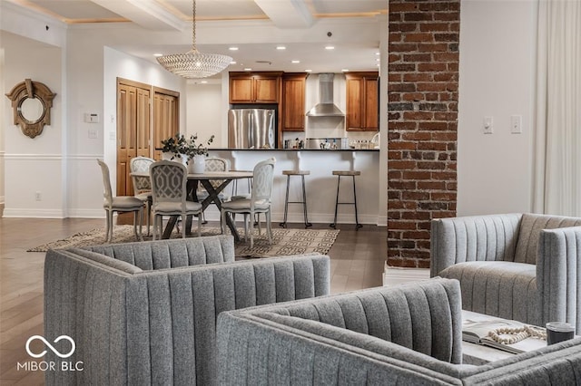 living room featuring beam ceiling and dark hardwood / wood-style flooring