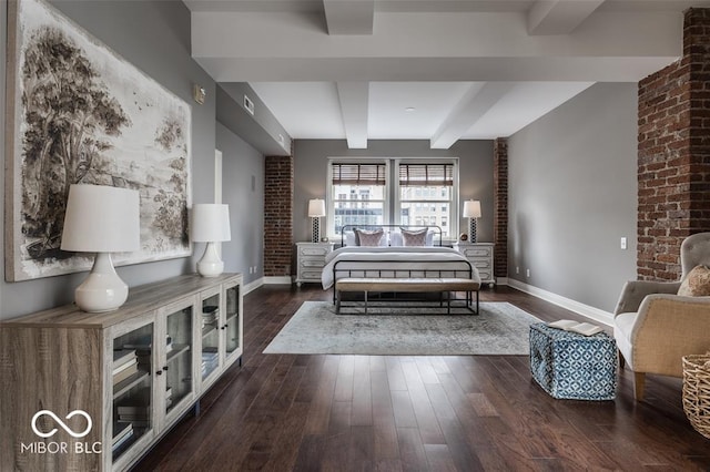 bedroom featuring dark hardwood / wood-style flooring and beamed ceiling