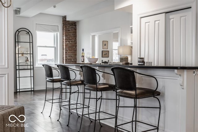 bar with dark hardwood / wood-style flooring and plenty of natural light